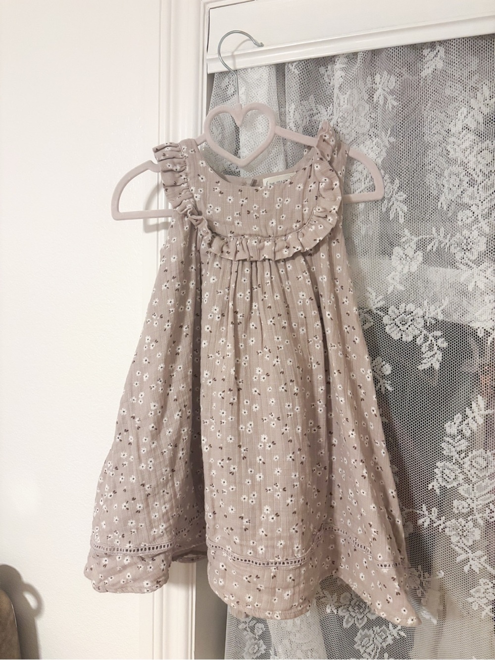 Little Girls' Taupe Floral Ruffle Neck Casual Dress